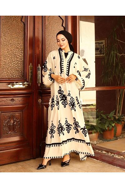 SUFFLE WEAR Beige - Premium Viscose Fabric V-Neck Ethnic Patterned Bat Sleeve Dress