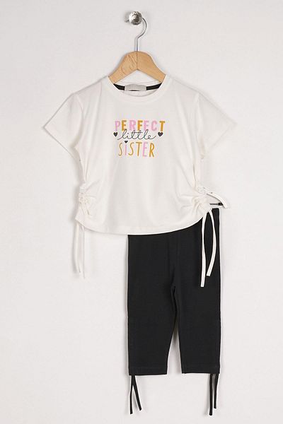 zepkids Crew Neck Short Sleeve Perfect Sister Printed Ecru Color Girl's Tights Set