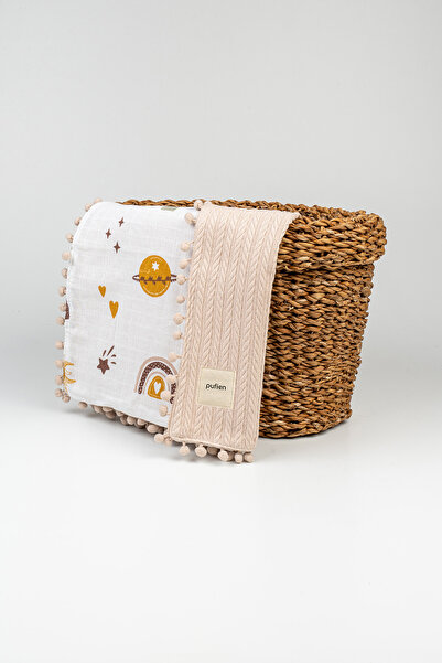 pufien 90 X 90 Ponponlu Desenli Çift Yönlü Müslin Bebek Örtüsü, Çok Amaçlı Ör...