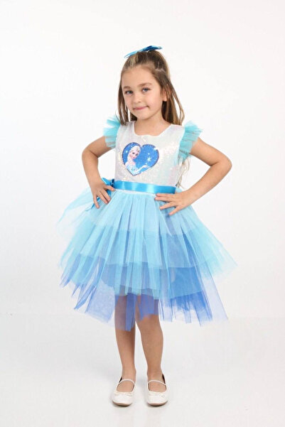 FURYATEX Elsa Elbise Pullu Tokalı Elsa Kostüm Tüllü Mavi Elsalı Doğum Günü Prenses Elbisesi