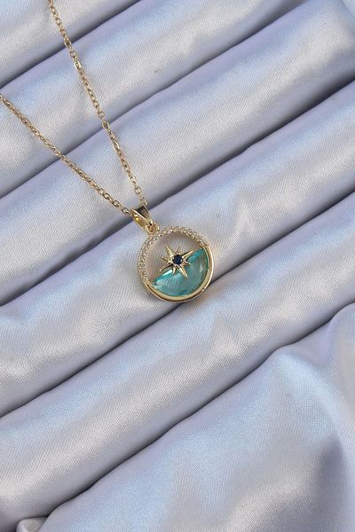Clariss 316L Steel Chain Gold Color Zircon Stone Sea View Polar Star Necklace