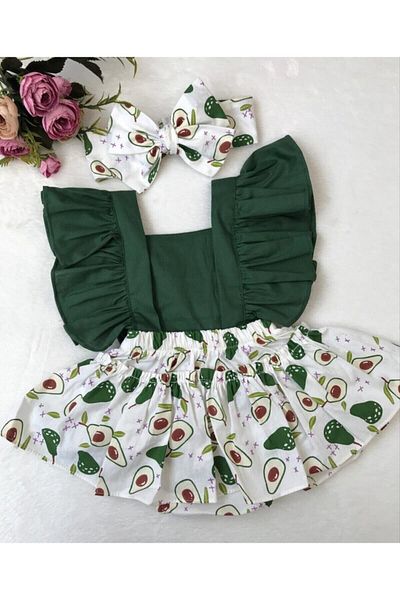 ŞAPKAKİDS Green Avocado Patterned Baby Girl Ruffle Salopet and Bandana Set