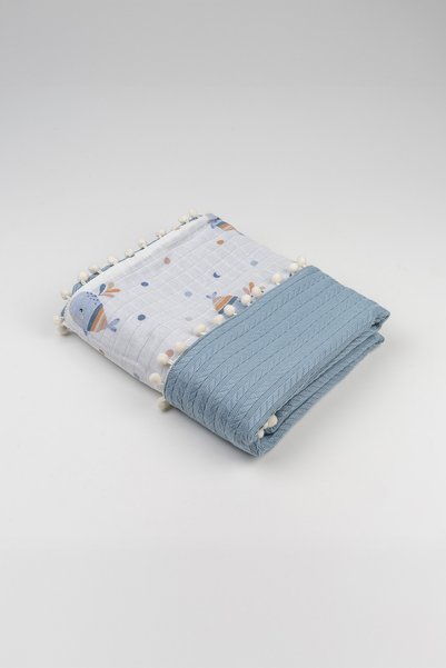 pufien 90 x 90 Pom-pom Patterned Double-Sided Muslin Baby Blanket, Multi-Purpose Knitted Muslin Cover & Blanket