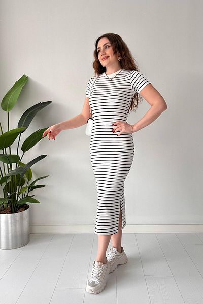 MaziButik Ριγέ Basic Λευκό Φόρεμα