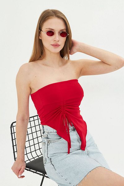 ALLEYTA Women's Sandy Asymmetrical Gathered Strapless Blouse
