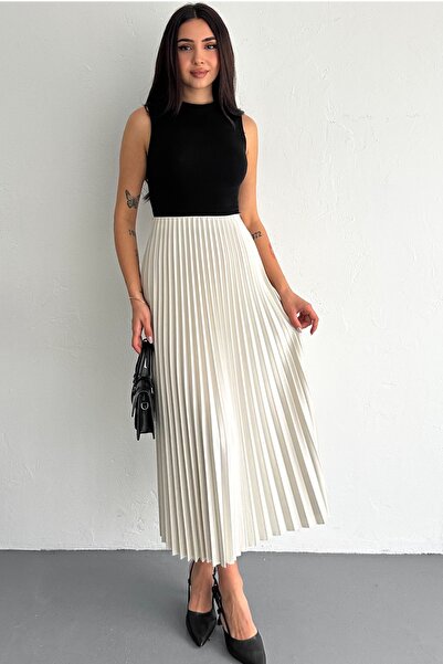 FEMELLE Dámska béžová skladaná sukňa štandardnej veľkosti s elastickým šifónom v páse