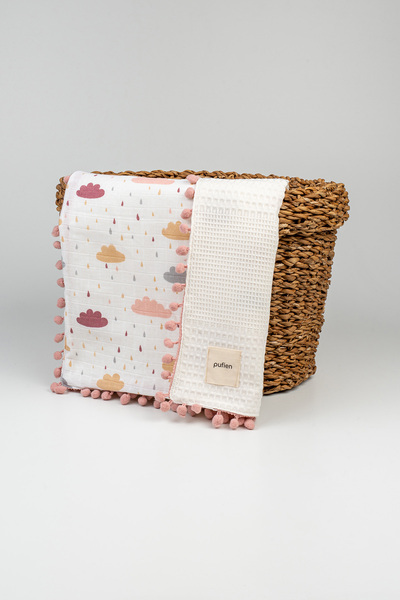 pufien بطانية أطفال من الموسلين ذات وجهين مقاس 90 × 90 مع بوم بوم، بطانية وبطانية من الموسلين متعددة الأغراض