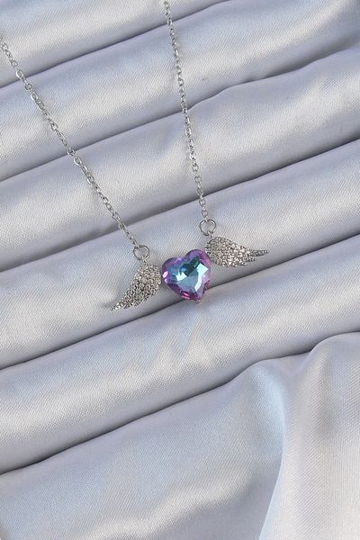 Store 316L Steel Chain Silver Color Blue Purple Zircon Stone Winged Heart Necklace