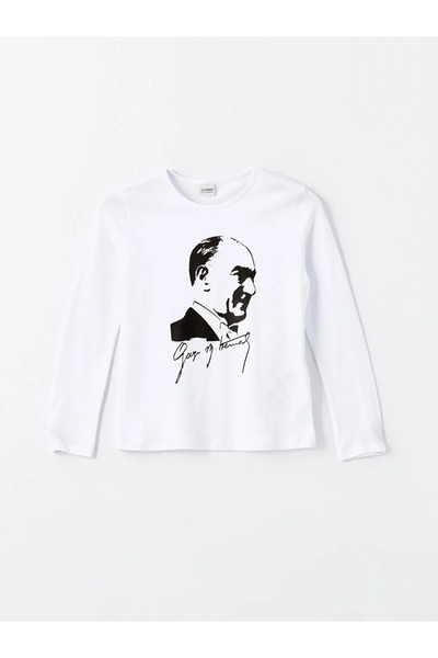 LC Waikiki Lcw Kids White Crew Neck Ataturk Printed Girls T-Shirt