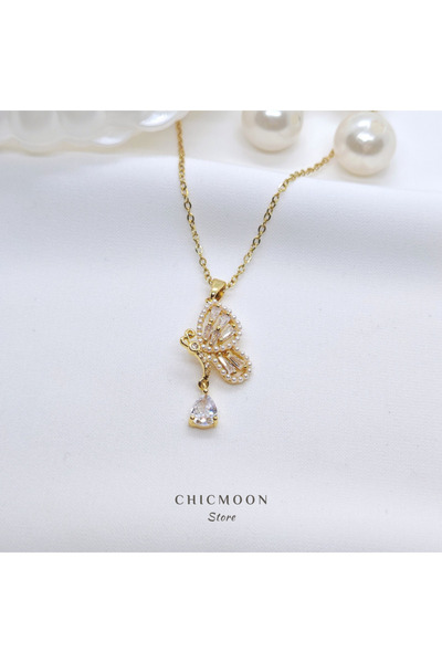 CHICMOON STORE Çelik Altın Rengi İncili Kelebek Kolye