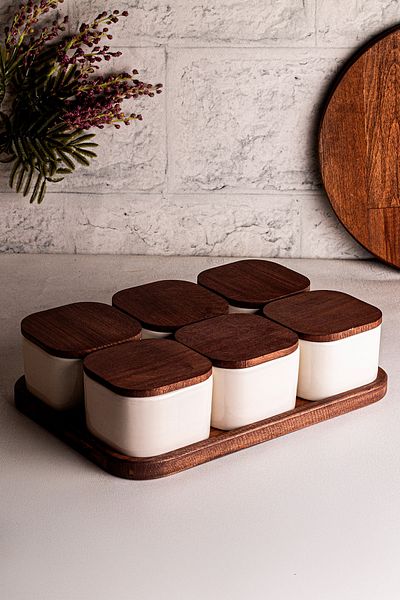 Snippy White Luma - 6-Piece Wooden Vacuum Ceramic Breakfast Bowl (300 ml)