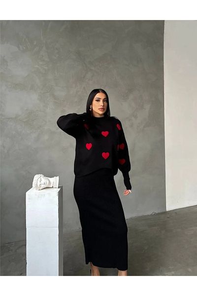 K-ODEA BUTİK Heart Patterned Women's Knitwear Suit Gilet Dress
