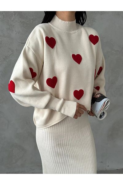K-ODEA BUTİK Heart Patterned Women's Knitwear Suit Gilet Dress