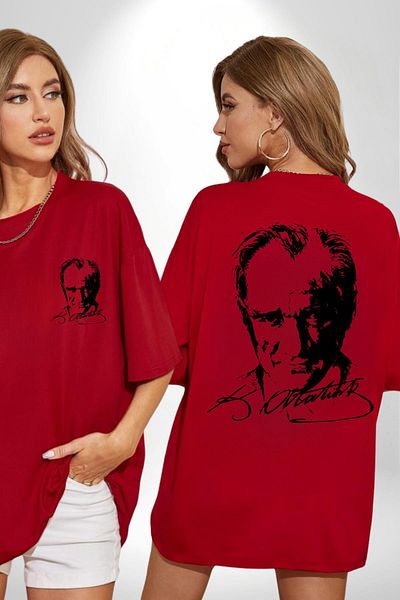 Soufeel Mustafa Kemal Atatürk Signature and Silhouette Women Men Front Minimal Back Printed Red Cotton T-Shirt