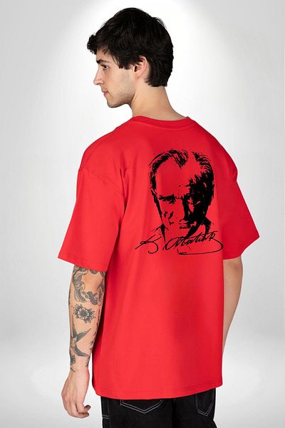 Soufeel Mustafa Kemal Atatürk Signature and Silhouette Women Men Front Minimal Back Printed Red Cotton T-Shirt