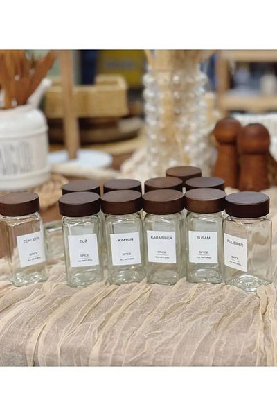Dijiteks Acacia Lid Square Form Set of 12 Glass Spice Jars 120 ml / 16 Tags Gift