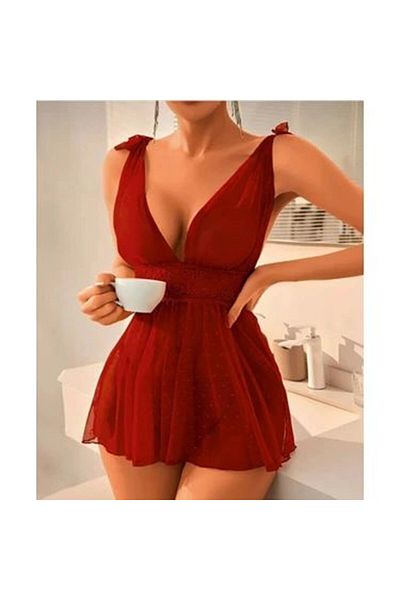 Bluewhs Women's Burgundy Fancy Nightgown Sexy Stylish See-Through Tulle Detailed Stylish Low-Cut Nightgown