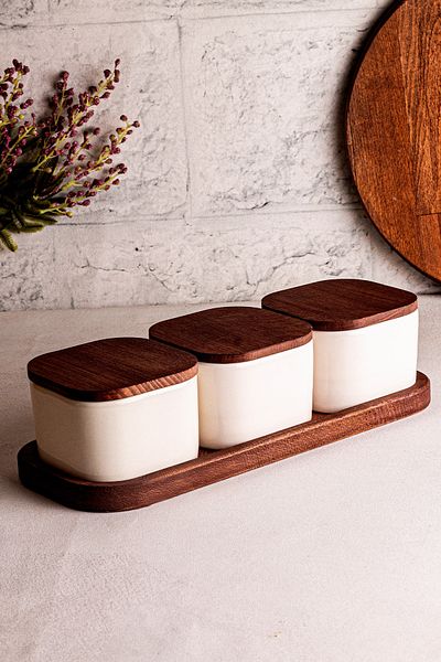 Snippy Luma White - Wooden Vacuum Lid Ceramic Breakfast Bowl Snack Bowl with 4 Piece Tray 300 ml