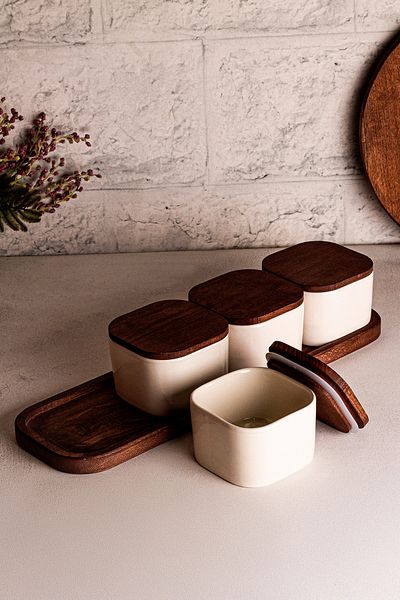 Snippy Luma White - Wooden Vacuum Lid Ceramic Breakfast Bowl Snack Bowl with 5 Piece Tray 300 ml