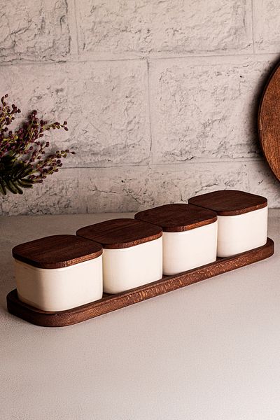 Snippy Luma White - Wooden Vacuum Lid Ceramic Breakfast Bowl Snack Bowl with 5 Piece Tray 300 ml