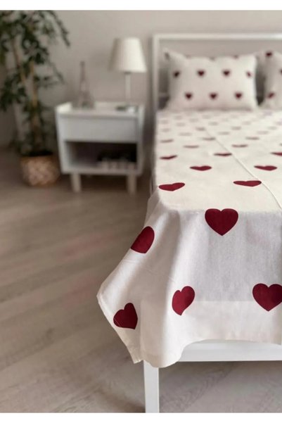 Sheri Home YENİ Çift Kişilik Lastiksiz Çarşaf Ve 2 Adet Yastık Kılıfı(Kalpli ...