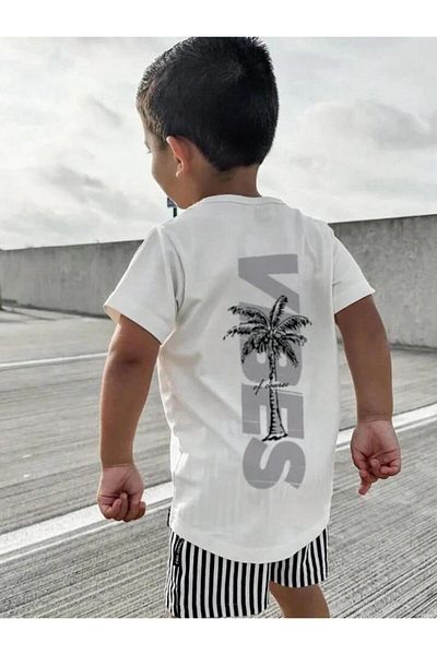 vinraus Fată/Băiat Alb VIBES Tricou imprimat pe spate și față cu palmier