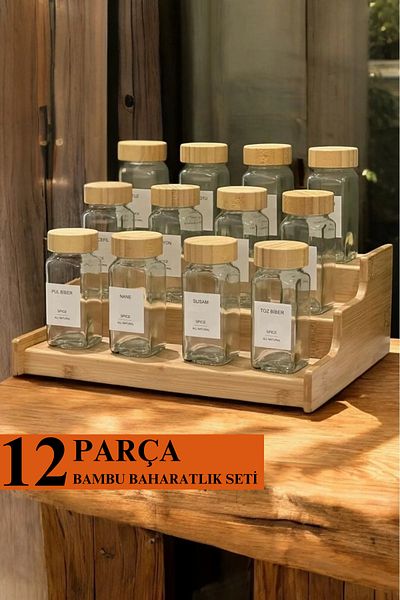 Dijiteks Set of 12 Square Shaped Glass Spice Shakers with Bamboo Lids 120 ml / 16 Tags Gift