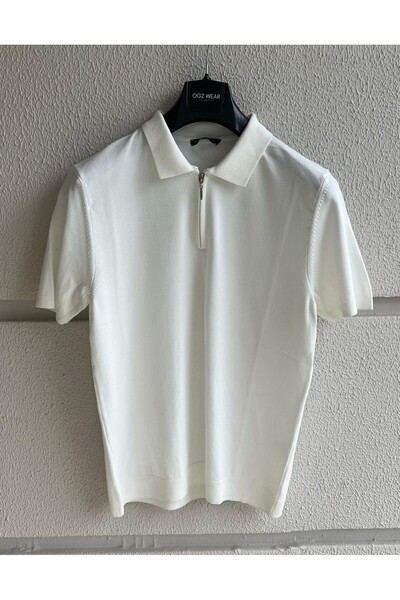 Scornic Ogz Wear Beyaz Yakalı Fermuar Detaylı Basic Premium Kumaş Triko T-Shirt