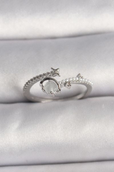 suhleco Brass Silver Color Zircon Stone White Enamel Star Detail Adjustable Women's Ring