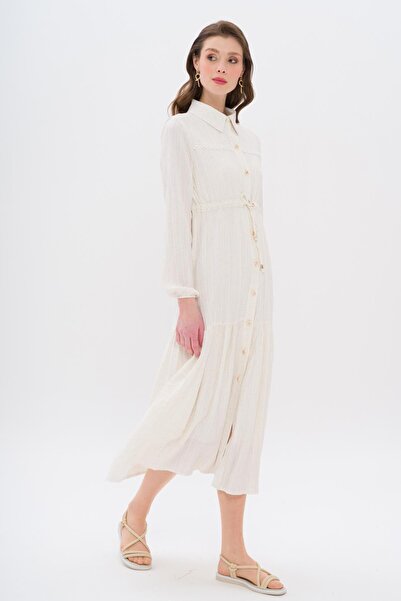 Olcay Λεπτομερές φόρεμα με συγκεντρωμένη μέση - ECRU 9324-E