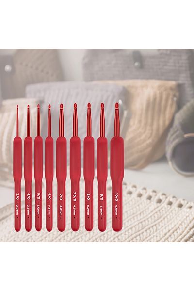 Choice 2-6mm 9PCs Red Crochet Hook Needle Silicone Handle Aluminum Crochet Needle Set Ergonomic Crochet Hoo
