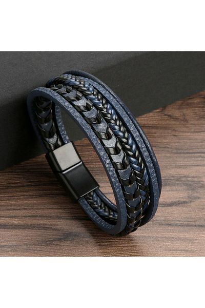 Choice 21CM Navy Fashion Jewelry Men's Multi -Layer Leather Rope Woven Bracelet Leather Rope Bracelet Magne