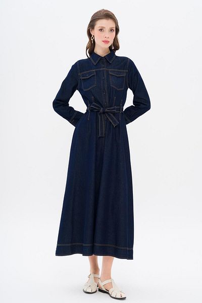 Olcay Rochie lungă din denim evazată cu detaliu cu gheață ALBASTRU ÎNCHIS 9323-E