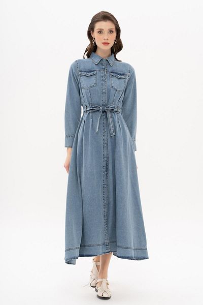 Olcay Rochie lungă din denim evazată cu detaliu cuțit ALBASTRU 9323-E
