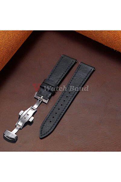 Choice سوار ساعة جلدي أسود عتيق مقاس 18 مم مع مشبك فراشة وخياطة من جلد البقر لساعات 18/19/20/21/22/2