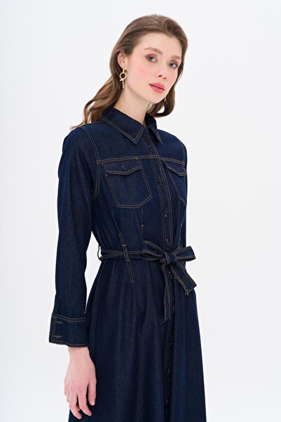 Olcay Detailní rozevláté dlouhé džínové šaty DARK BLUE 9323-E