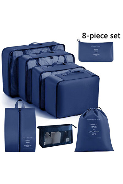 Choice مجموعة من 8 قطع من حقائب تخزين السفر باللون الأزرق البحري، ملابس، أدوات نظافة رقمية، أحذية، حقيبة تنظيم، حقيبة نوم للطلاب