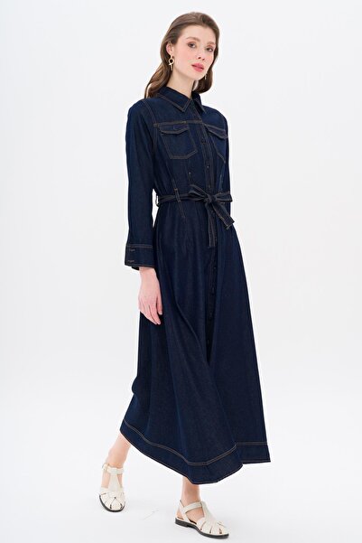 Olcay Detailní rozevláté dlouhé džínové šaty DARK BLUE 9323-E