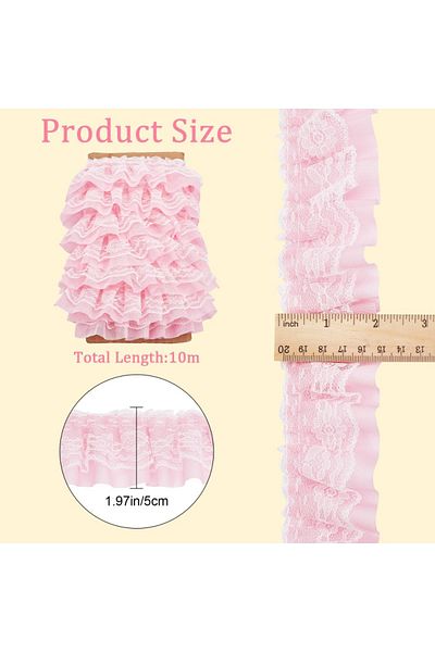 Choice M AECH06-08577 11 Yards Pink Double-Layer Pleated Chiffon Lace Trim 5cm Wide 2-Layer Gathered Ruffle