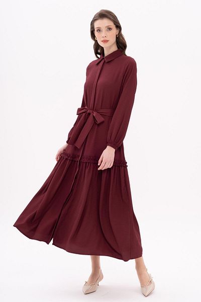 Olcay Fusta adunată cu talie cu centură Rochie lungă BORDO 9766-E