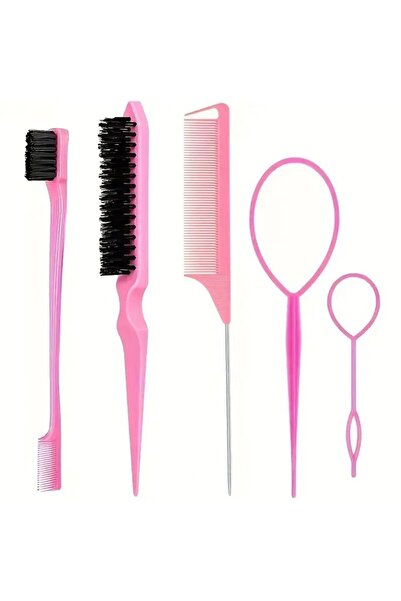 Choice 5 قطع وردية اللون، 5 قطع أدوات تصفيف الشعر، مشط ذيل مدبب، فرشاة حواجب مزدوجة الرأس، مشط ثلاثي الصفوف، ملفوف H