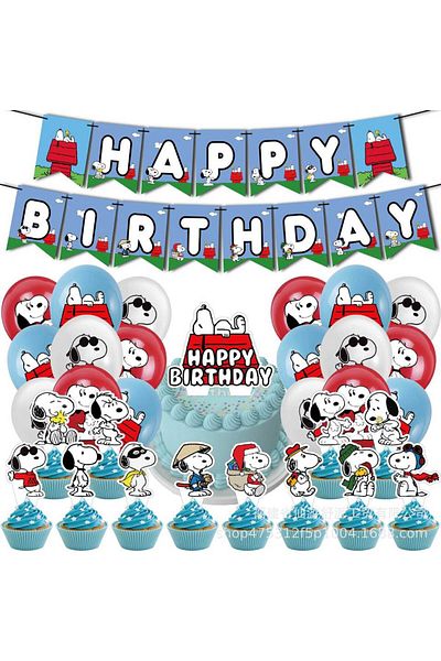 Choice A Set Cute Snoopy Dog Children's Birthday Party Decoration Set Pulling Cake Size Label Balloon Set C