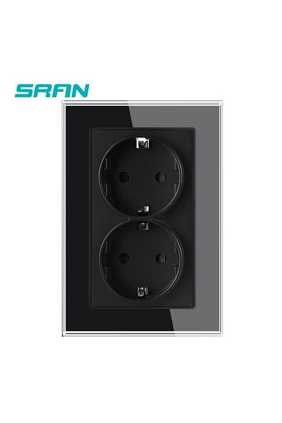 Choice black SRAN Double Wall Sockets 122*82mm Tempered Glass Panel 2 Frame EU Stadnard Electrical Outlets