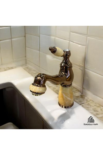 İSAOĞLU YAPI Copper Sink Faucet Bronze Honey Wax Detailed Marble Design Spiral Extendable Armature
