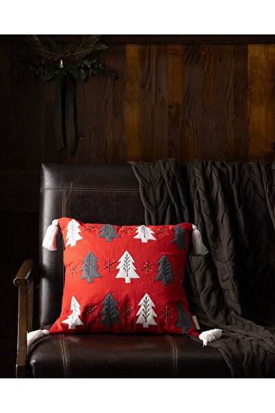 Madame Coco Honfleur Kissenbezug aus Baumwolle – Rot/Rauch/Ecru/Gold – 45 x 45 cm