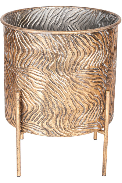 Herdekora Dalga Desenli Ayaklı Silindir Metal Çiçeklik Saksı Altın Eskitme 31x38 Cm.