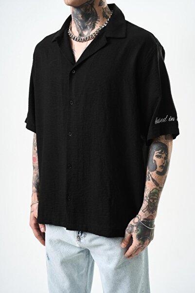 Respire Ανδρικό λινό πουκάμισο Respire Embroidered Oversize, Μαύρο