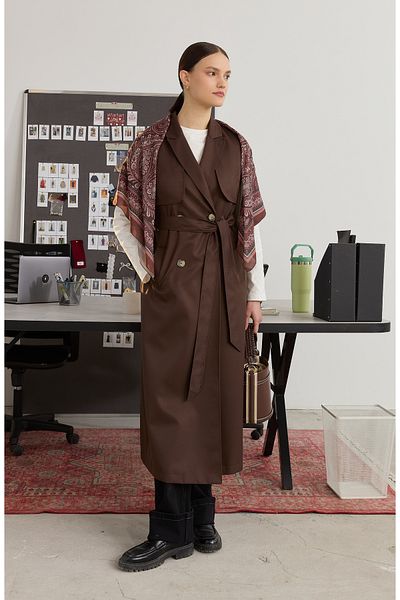 Fatma Atasoy Maxi Bitter Brown Trench Vest with Windbreaker