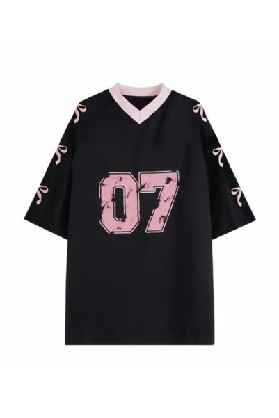 Pop Giyim Siyah Y2k Ribbon Ballet Oversize Forma Tişört