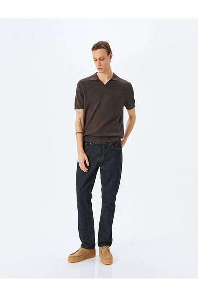 Koton Short Sleeve Cotton Hair Braid Textured Polo Neck Knitwear T-Shirt